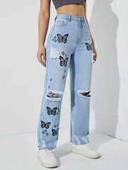 Bleach Wash Butterfly Jeans