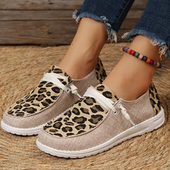 Leopard Print Loafers Lace Up Flat Canvas Shoes