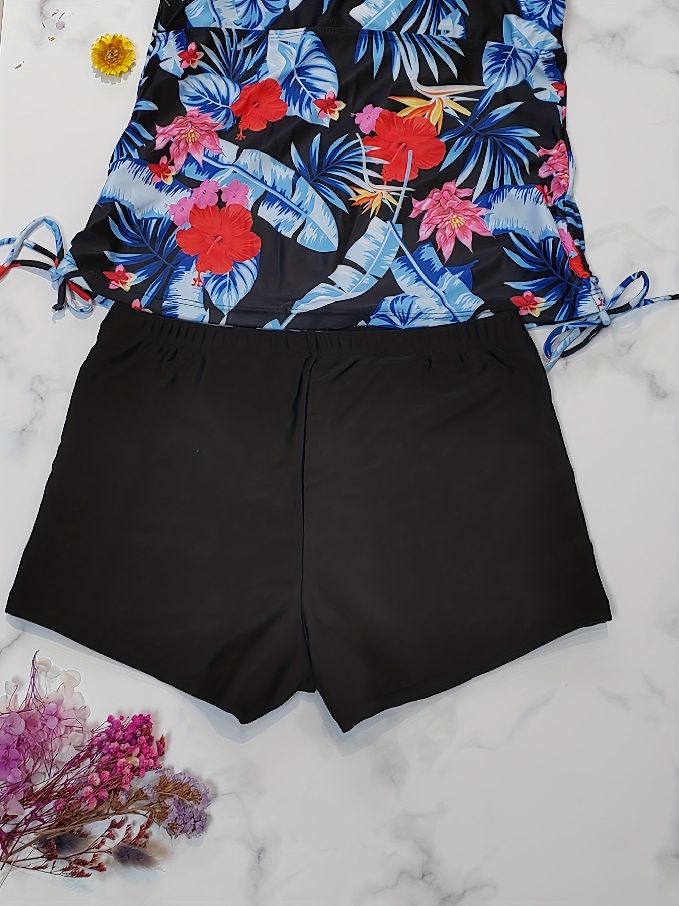 Tropical Print Tankini Set with Drawstring Top & Shorts