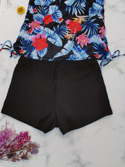 Tropical Print Tankini Set with Drawstring Top & Shorts