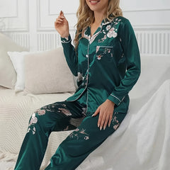 Floral Print Pajama Set Long Sleeve Buttons Top & Elastic Waistband Pants