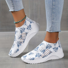 Floral Printed Flatform Sneakers Slip On Sock Knit Shoes