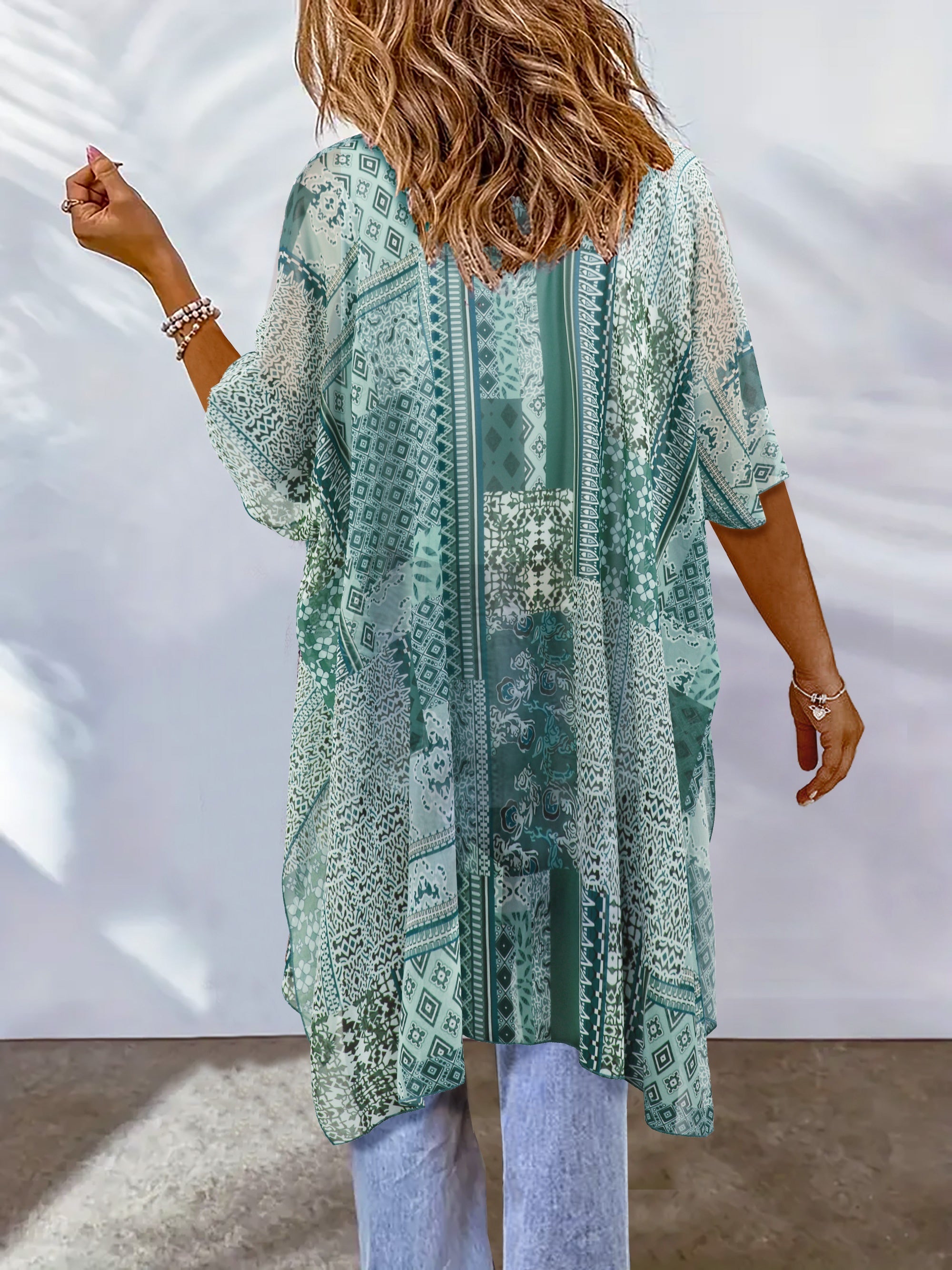 Boho Cover Up Women's Plus Scarf Print Bat Sleeve Open Front Cover Up