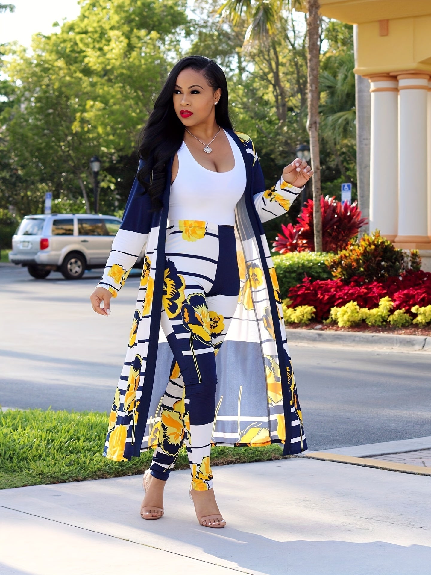 Floral & Stripe Print Cardigan & Leggings Set