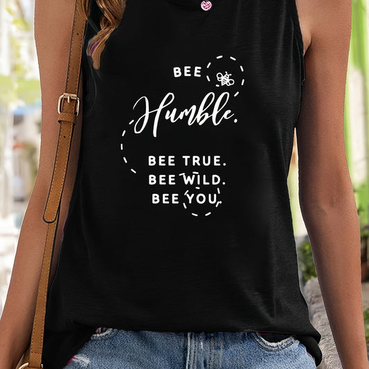 Bee & Letter Print Sleeveless Sports Vest Round Neck Top