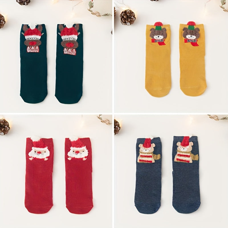 4 Pairs Cartoon Print Socks Comfy Christmas Mid Tube Women's Stockings