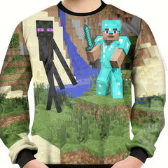 Boys Pixel Cartoon Print Long Sleeve T-shirt Kids Casual Top
