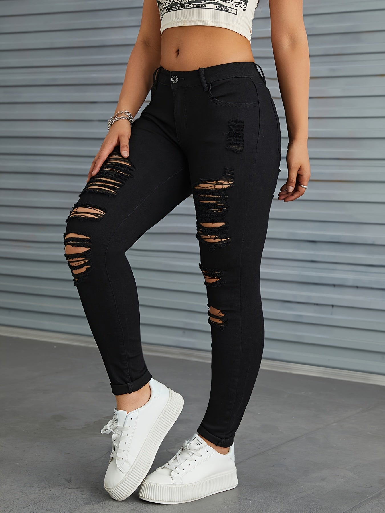 Solid Slim Fit Jeans Vintage Button High Stretch Trousers