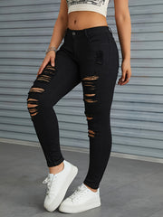 Solid Slim Fit Jeans Vintage Button High Stretch Trousers