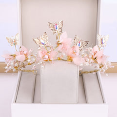 Golden Crystal Faux Pearl Butterfly Crown Tiara Headband for Bride