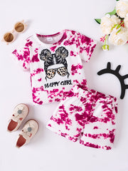 Tie Dye Cartoon Figure Print T shirt & Shorts 2pcs Set for Baby Girls