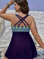Colorblock Geo Print Tankini Set with Lace Crisscross Dress & Shorts