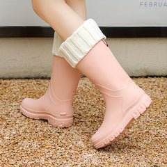 Women's Fleece Liner Rain Boots Slip on Waterproof Mid Calf Boots