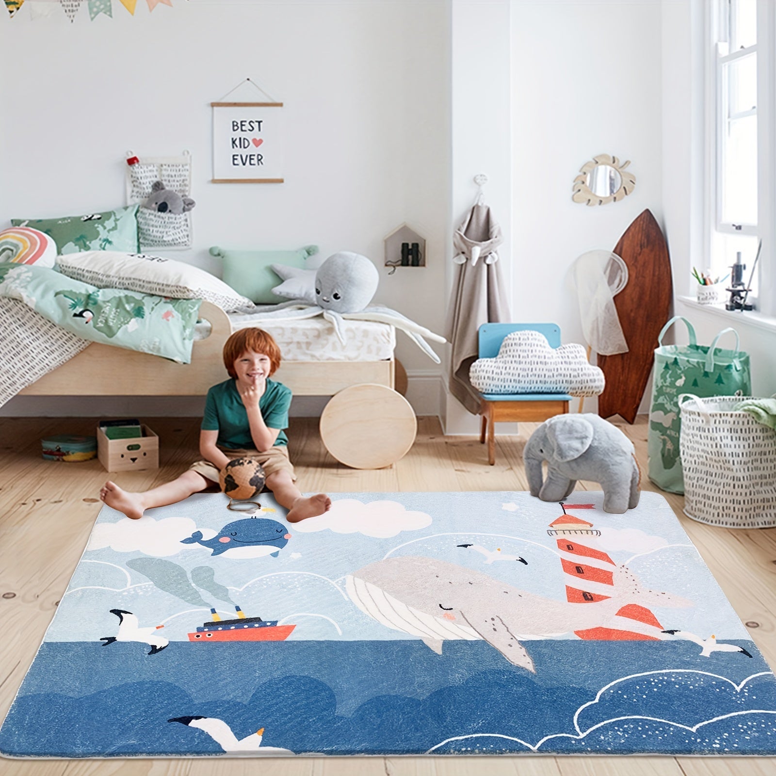 Cartoon Whale Area Rug Ocean Style Kids Play Mat