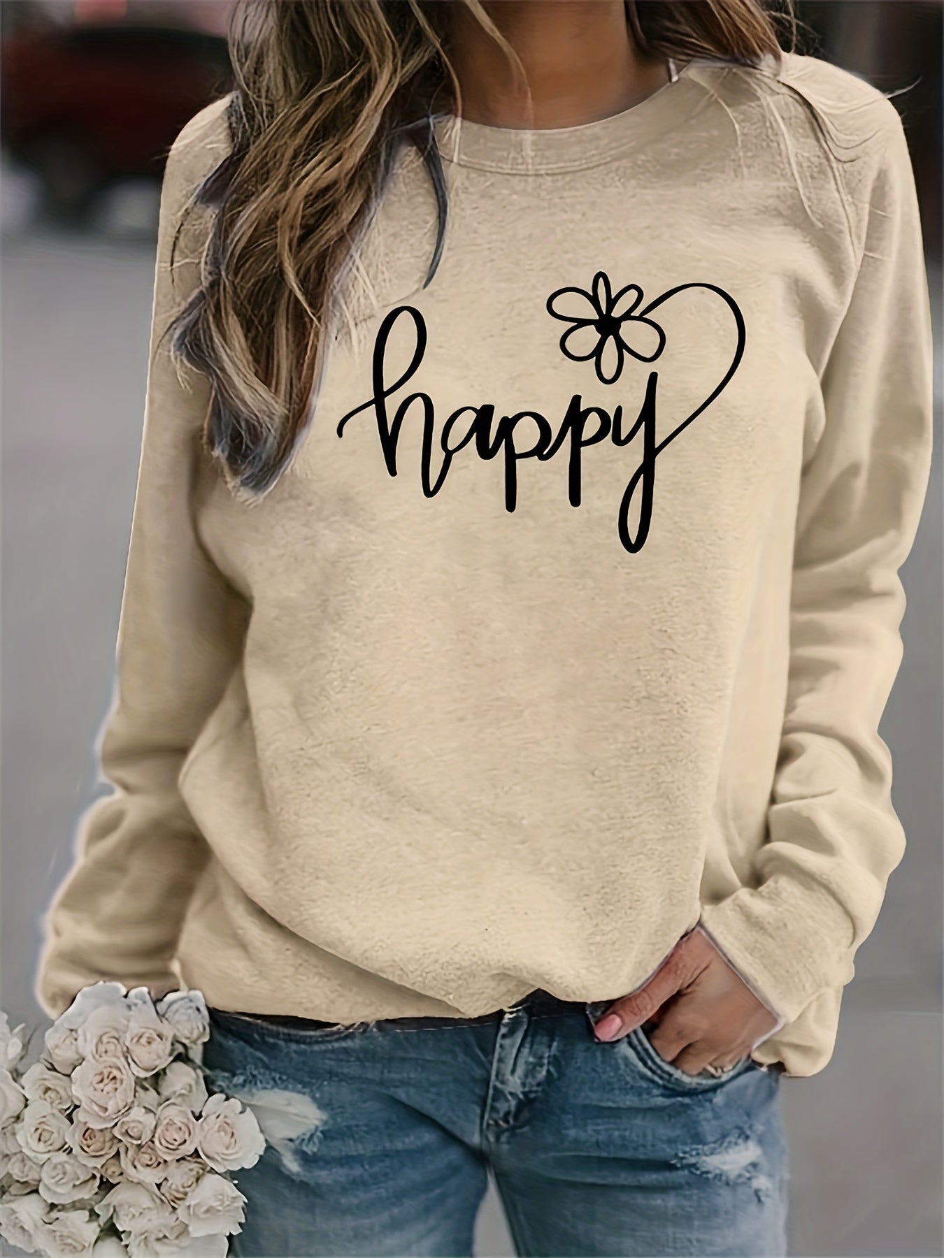 Happy Print Sweatshirt Crew Neck Women's Clothing