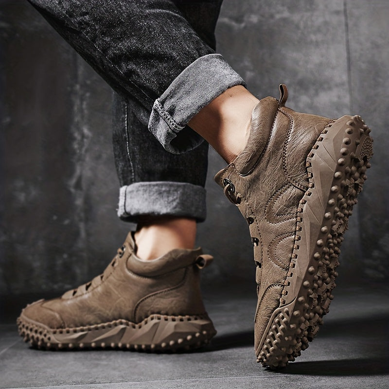 Men's Lace up Boots Casual PU Leather Walking Shoes Easy To Clean