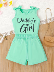 2pcs Girls Casual DADDY'S GIRL Letter Graphic Print Bow Shoulder Sleeveless Set