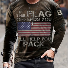 Men's Long Sleeve Vintage Flag Print T-shirt for Autumn