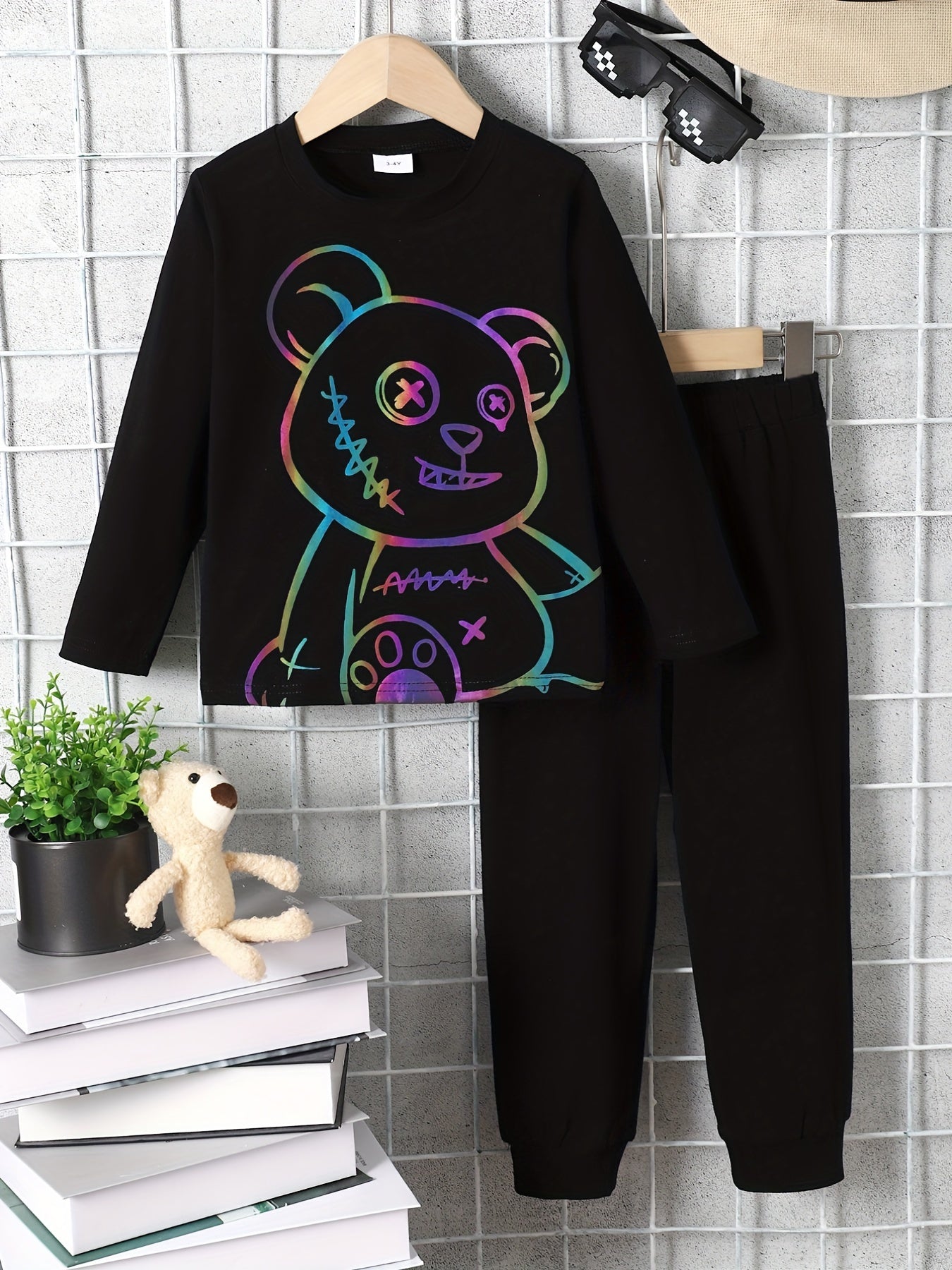 Boy's Bear Pattern Outfit 2pcs Long Sleeve Top & Sweatpants Set