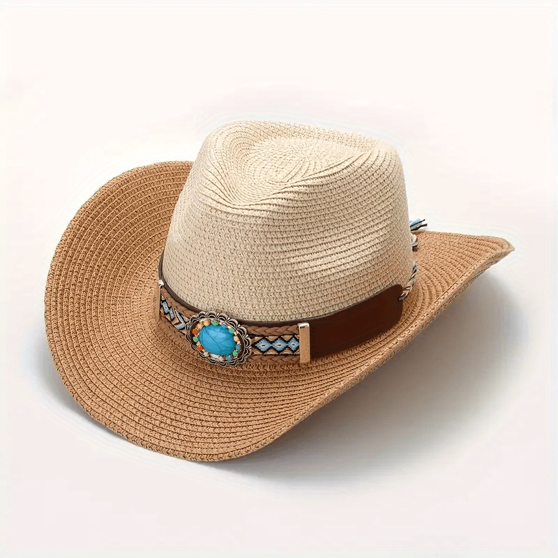 Bohemian Style Inlaid Stone Straw Hat Beach Cowboy Hat
