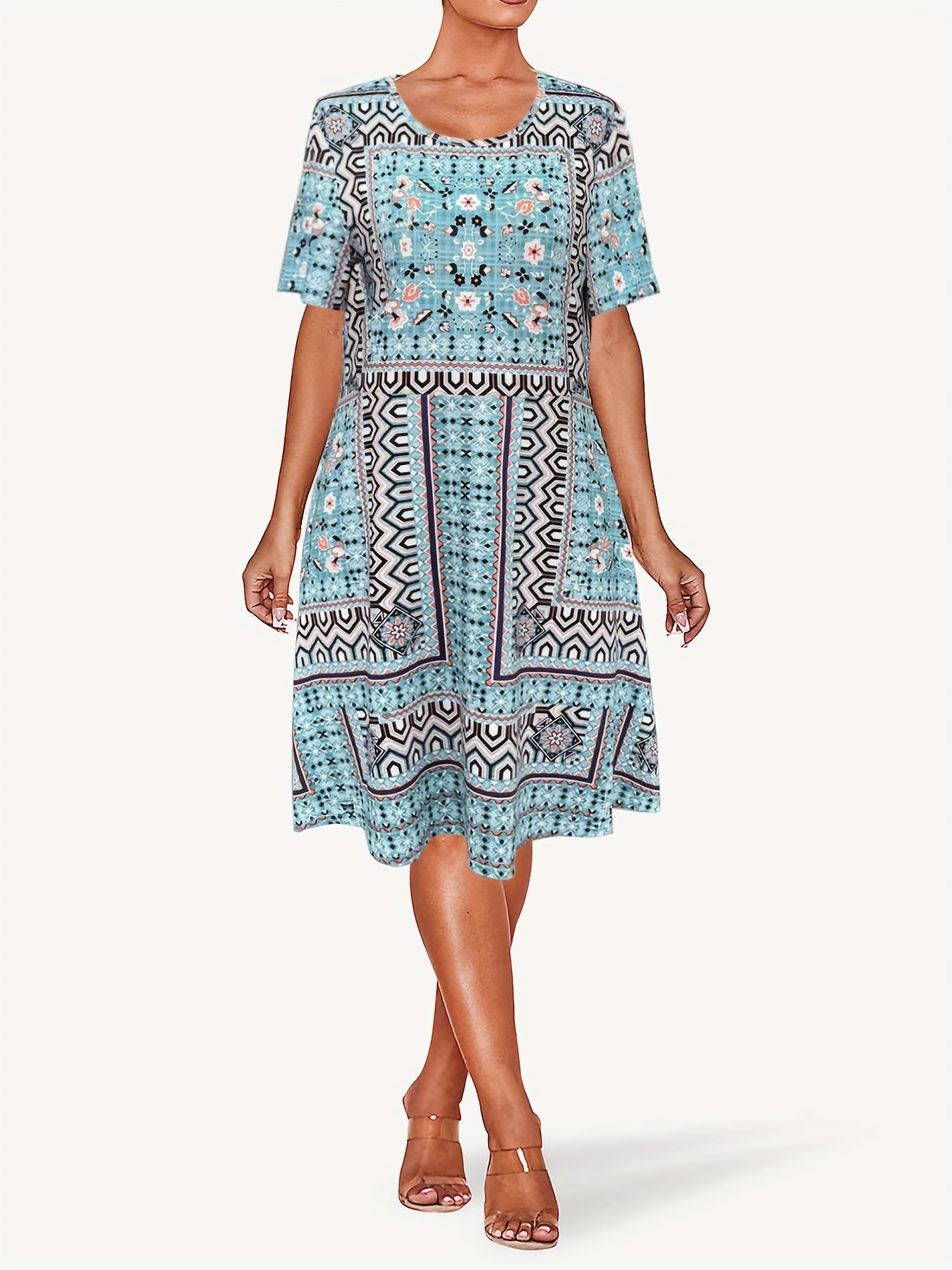 Floral Print Boho Midi Dress Short Sleeve