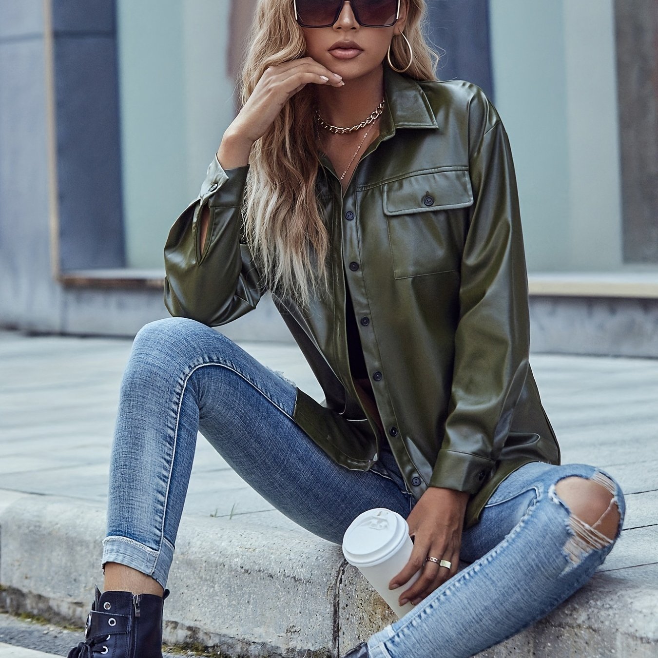 Solid Button Flap Pockets Jacket Long Sleeve Casual Jacket