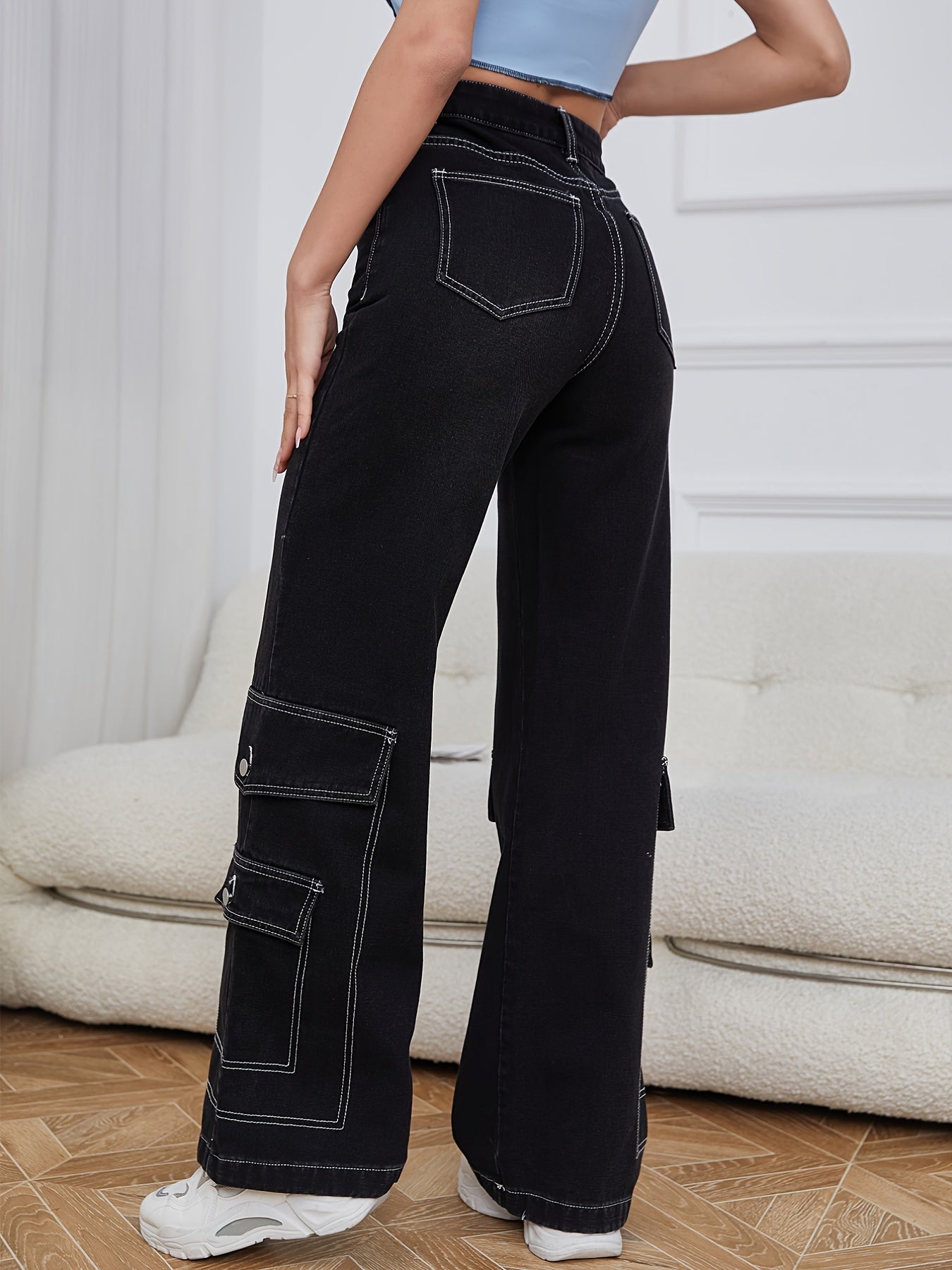High Waist Flap Pockets Cargo Pants Loose Fit