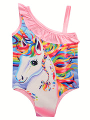 Girl's Unicorn Pattern Onesie Swimsuit Ruffle Tankini Bathing Suit
