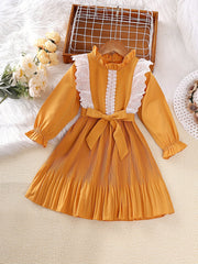 Girls' Ruffle Collar Flutter Lace Long Sleeve Casual Dress