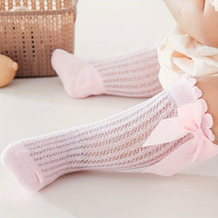 5 Pairs Baby Girls Bow Mesh Knee High Socks Toddler Cotton Dress Stockings