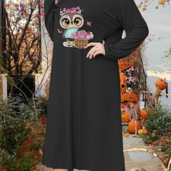 Lounge Dress Women's Plus Floral & Owl Print Long Sleeve