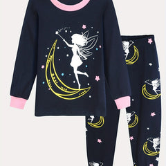 2pcs Girls Pajamas Cartoon Moon Girl Graphic Cotton Pjs Set
