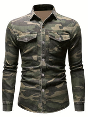 Men's Camo Military Shirt Long Sleeve Button Down for Outdoor