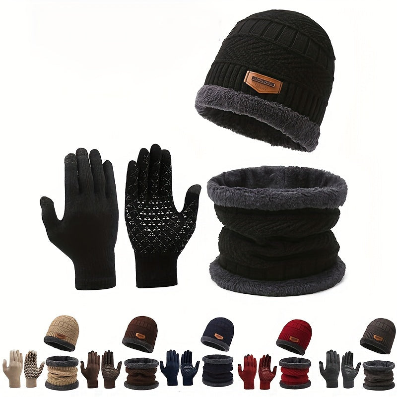 Winter Knitted Hat Scarf Gloves Set Velvet Neck Gaiter Touch Screen
