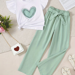 Girls Heart Print Ruffle Short Sleeve T shirt & Pants 2pcs Bow Belt