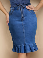 Women's Plus Solid Button Fly High Rise Ruffle Trim Denim Skirt