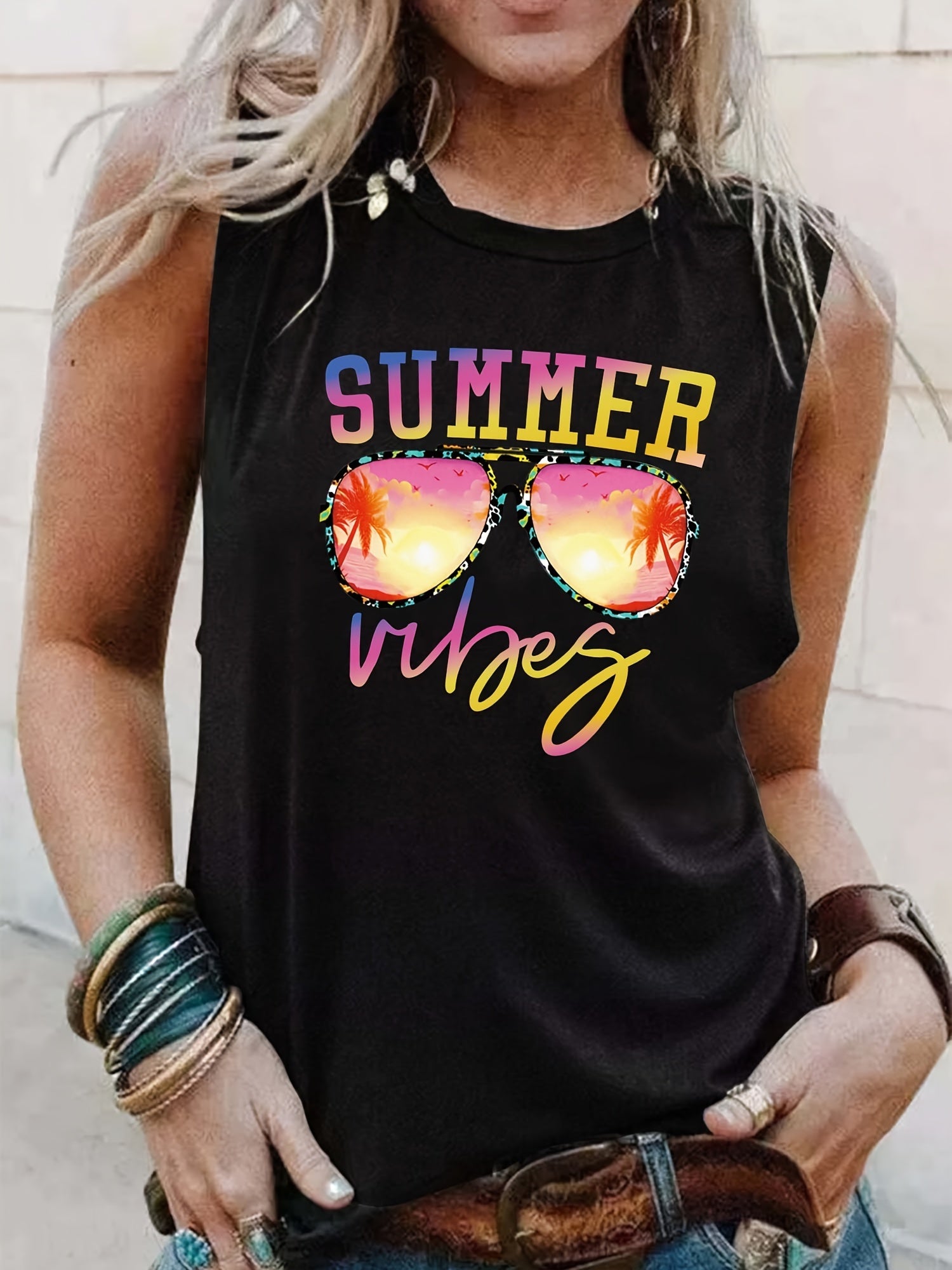 Sunglasses Print Tank Top Sleeveless Summer Casual Women's Clothing