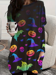 Ombre Skull & Pumpkin Print Long Sleeve Tee Dress