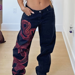Snake Print Straight Legs Jeans Contrast Loose Denim Long Pants