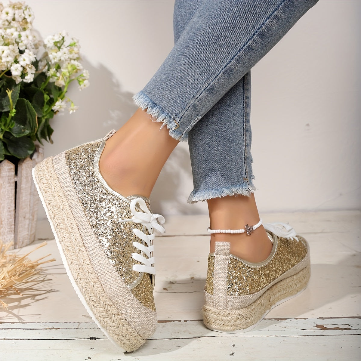 Women's Glitter Sequins Platform Sneakers Lace Up Espadrille Shoes