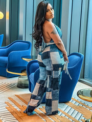 Colorblock Denim Wide Leg Jumpsuit