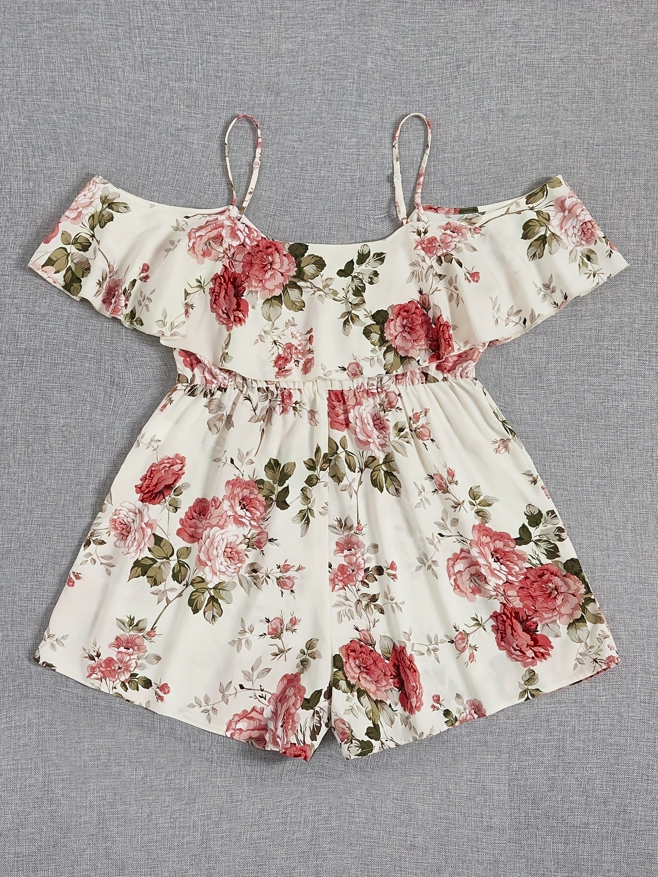Floral Print Cold Shoulder Ruffle Trim Short Sleeve Romper