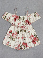 Floral Print Cold Shoulder Ruffle Trim Short Sleeve Romper