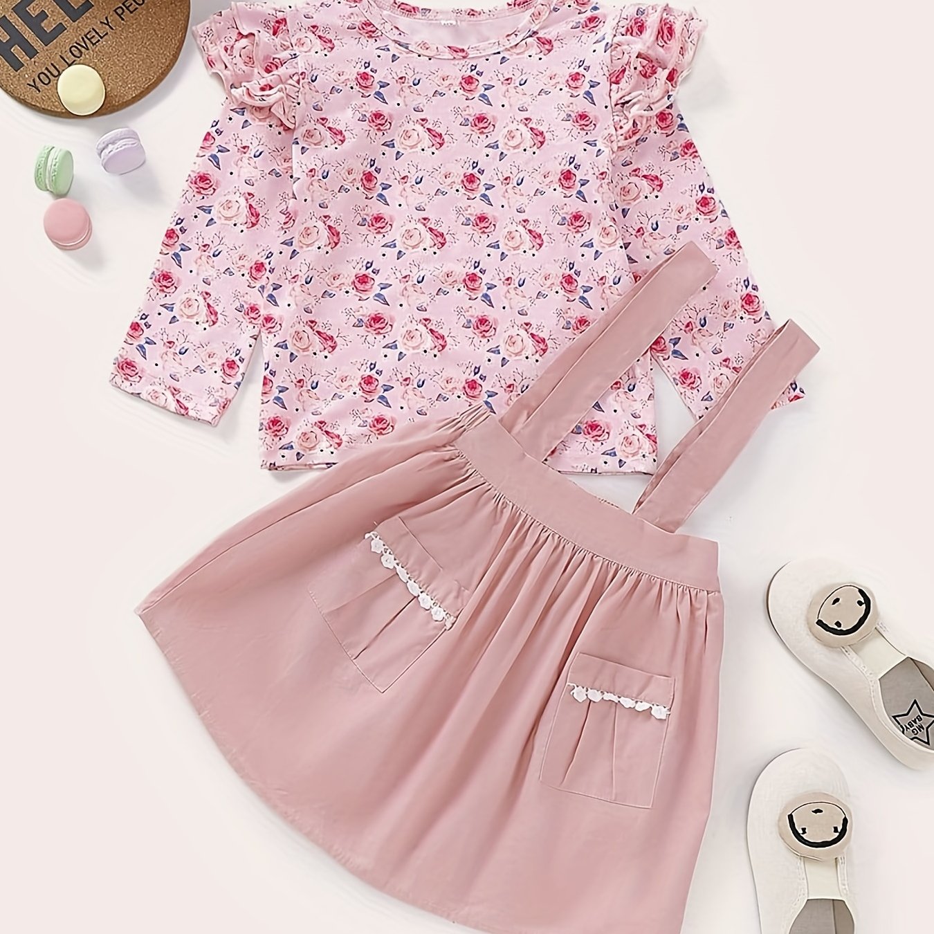 Girls Floral Print Top & Suspender Short Skirt Set