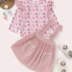 Girls Floral Print Top & Suspender Short Skirt Set