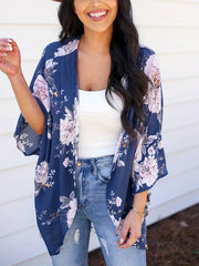 Floral Print V Neck Cover Up Shirt Loose Fit Non Stretch Half Sleeves Cardigan