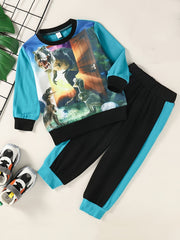 Boys Dino Pattern Pullover & Jogger Set for Fall Winter