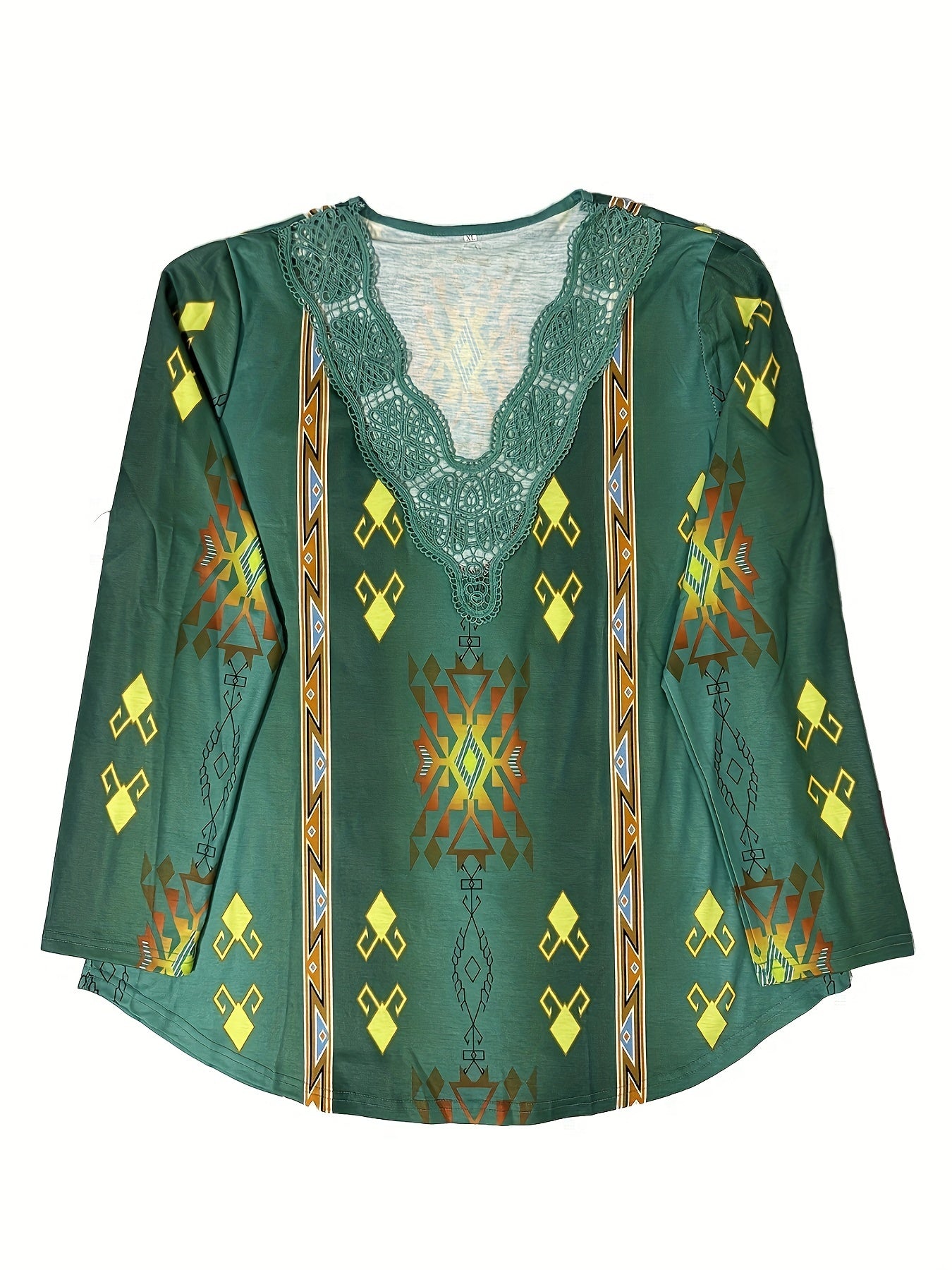 Boho Blouse Geo & Feather Print V Neck Top