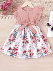 Toddler Girls Ruffle Trim Flowers Button Spliced Belted Princess Dress