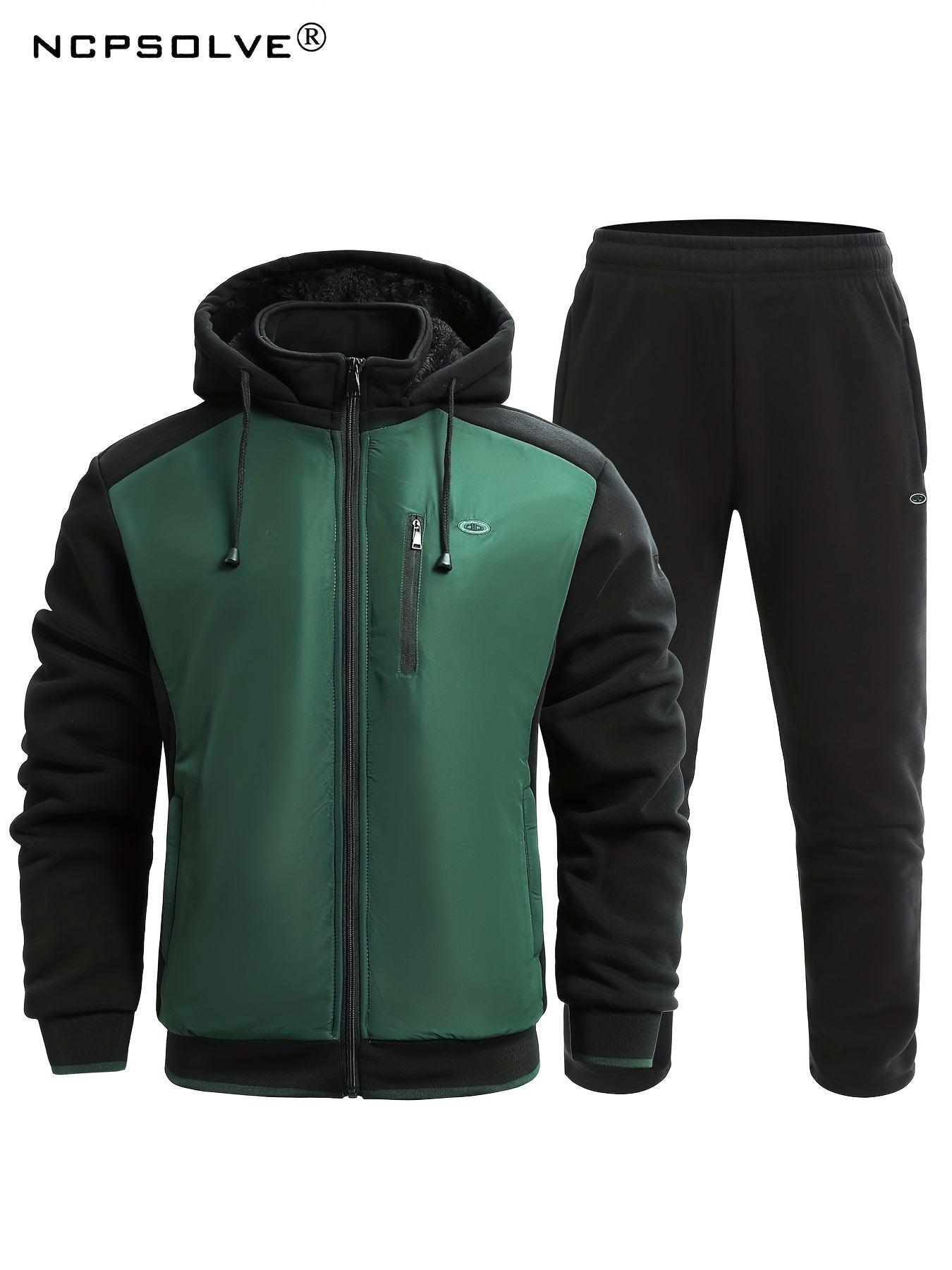 Men's Green Zip Up Hooded Jacket & Stretch Pants Sports Suit